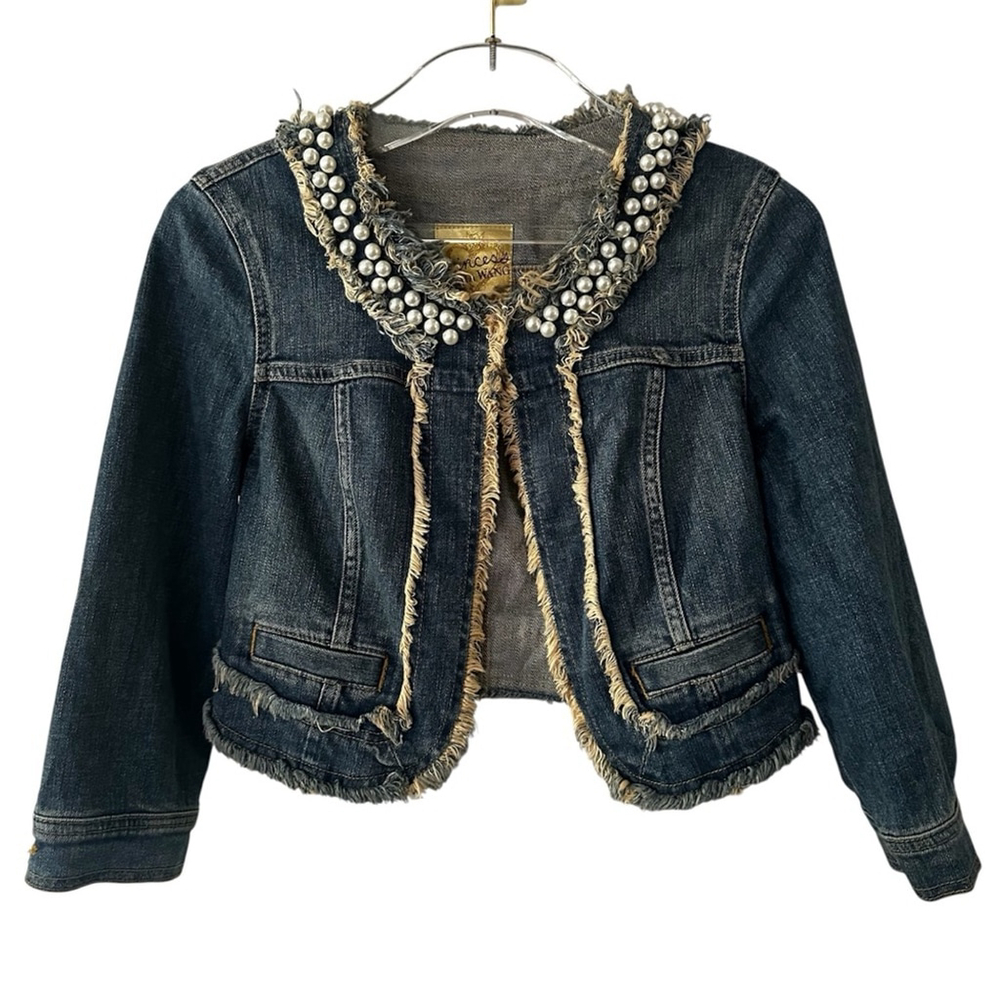 VERA WANG PRINCESS PEARL EMBELLISHED CROPPED DENIM JACKET SZ XS